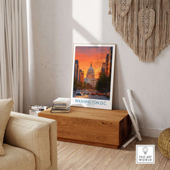 Washington D.C. Vibrant Cityscape Poster - US Capital Dusk Scene Decor displayed on a wooden table in a bright living room.
