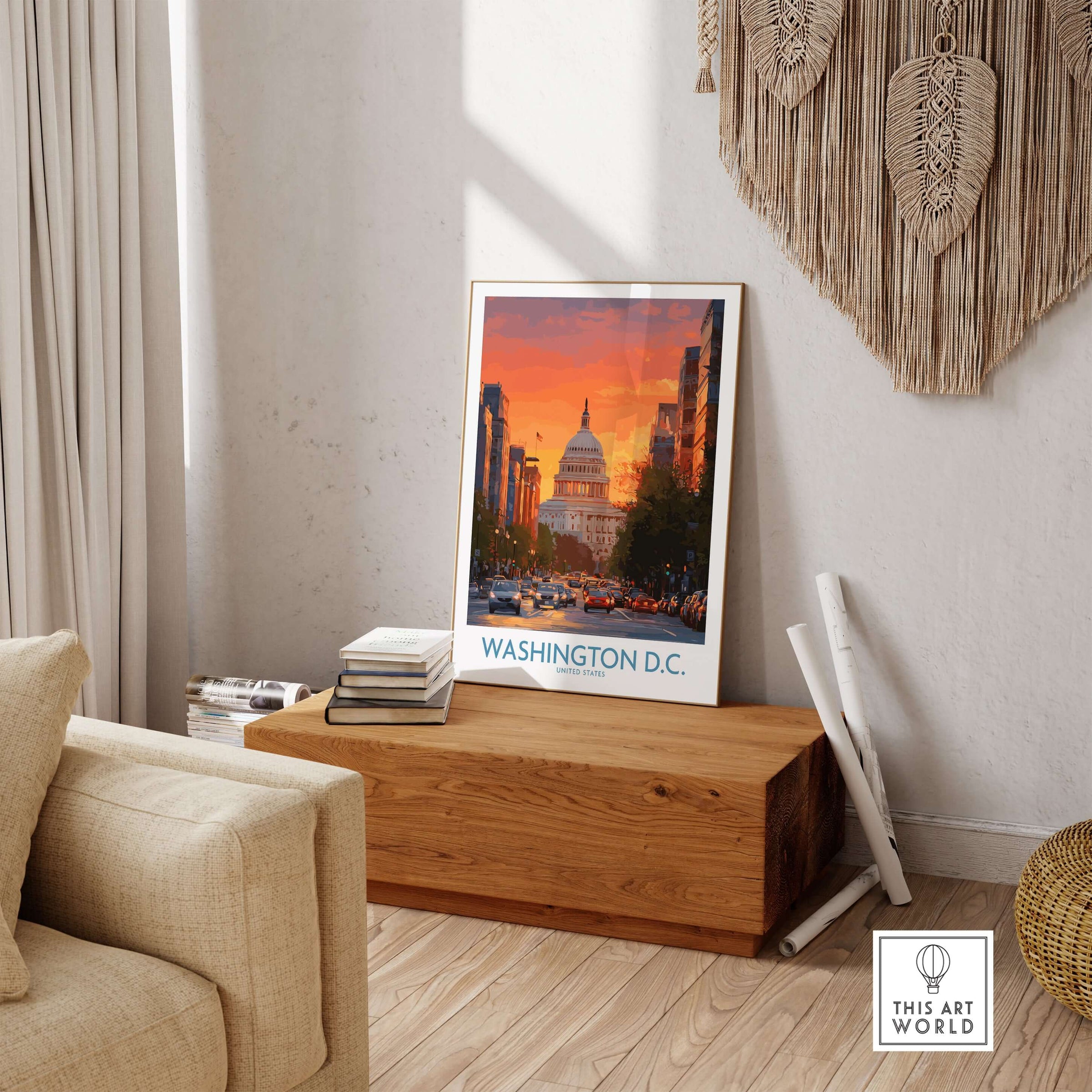 Washington D.C. Vibrant Cityscape Poster - US Capital Dusk Scene Decor displayed on a wooden table in a bright living room.