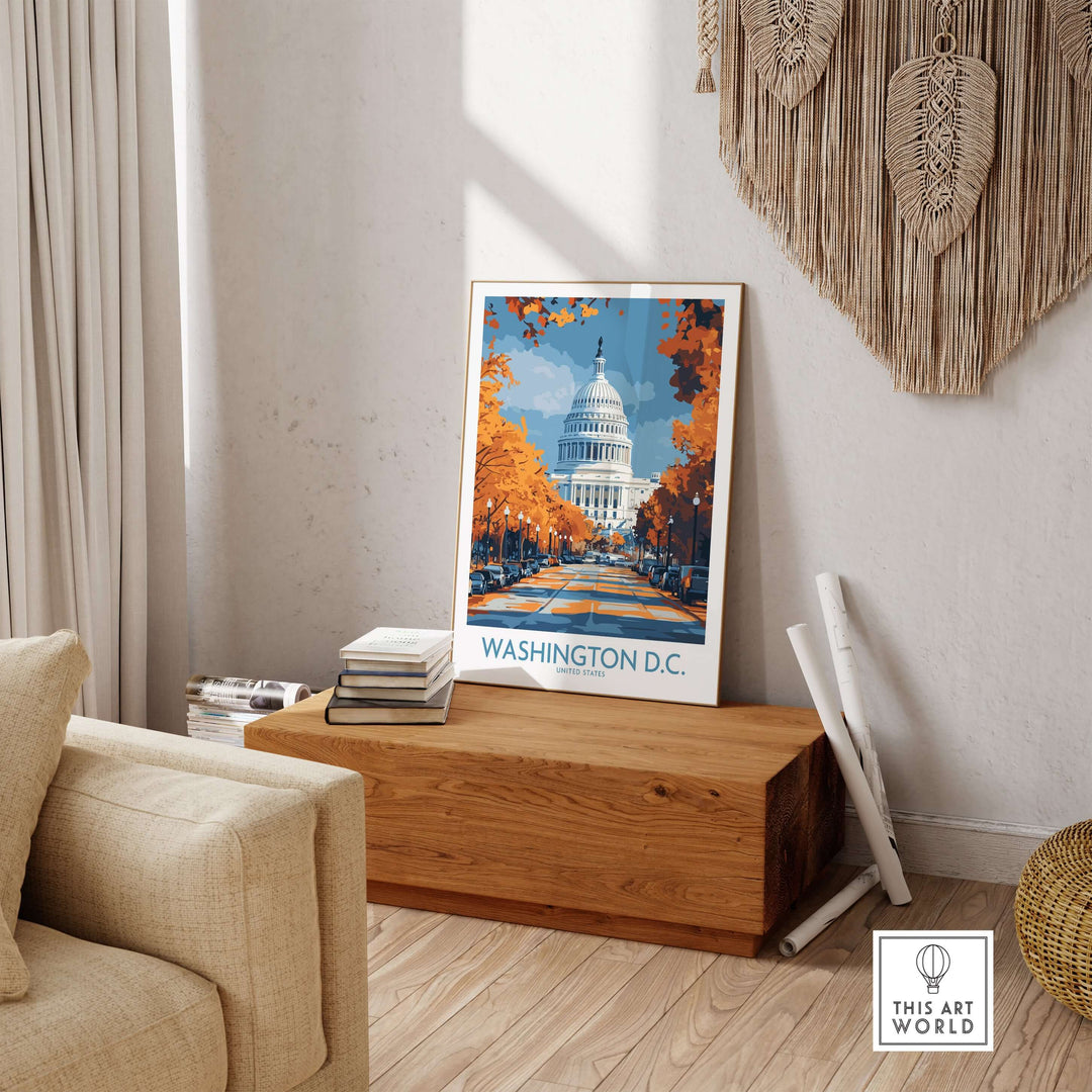 Washington D.C. Capitol Building poster in elegant decor setting, showcasing classic cityscape with autumn colors.