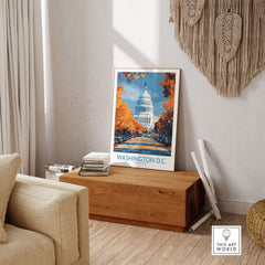 Washington D.C. US Capitol Building Poster - Historic Cityscape Decor displayed in a stylish living room setting.