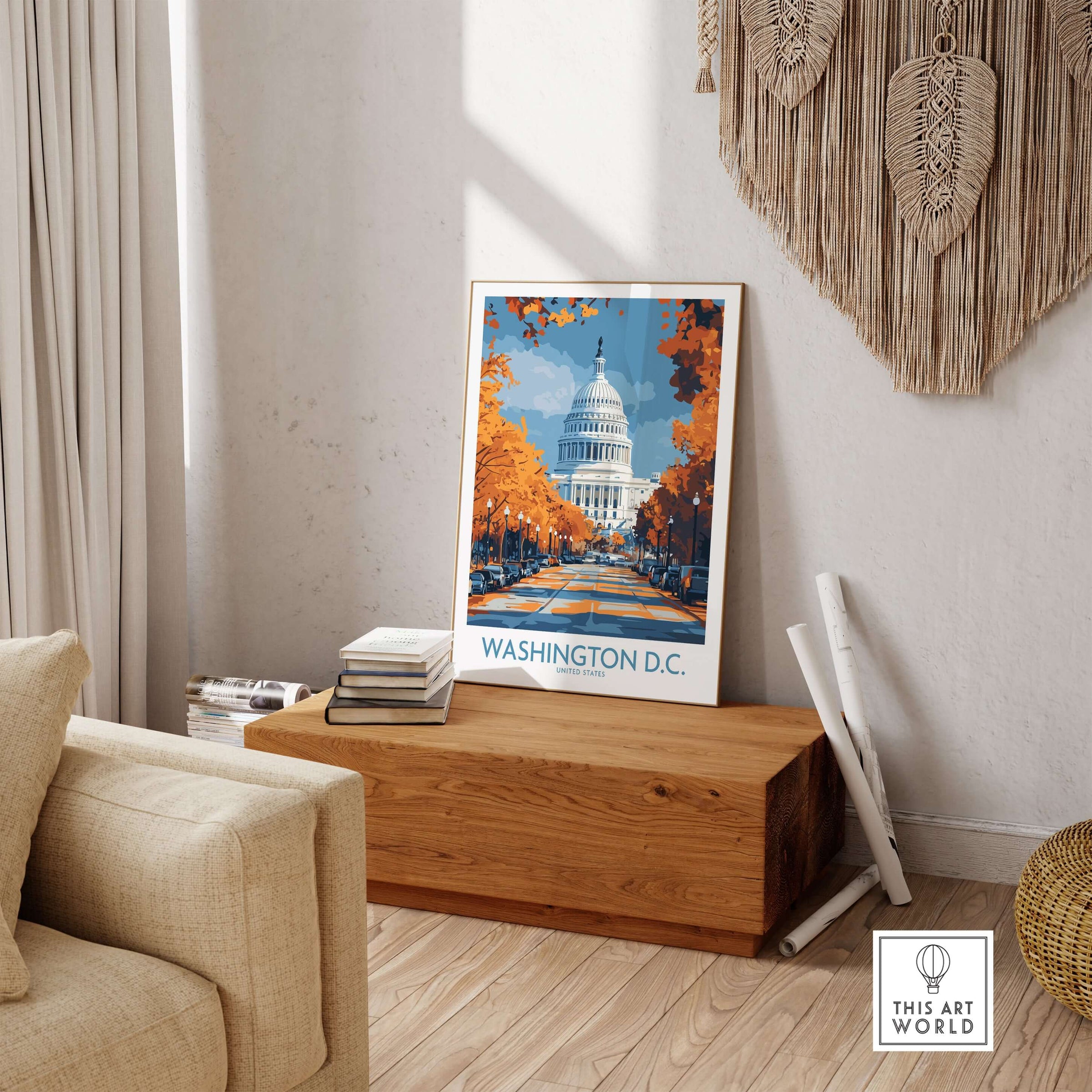 Washington D.C. US Capitol Building Poster - Historic Cityscape Decor displayed in a stylish living room setting.