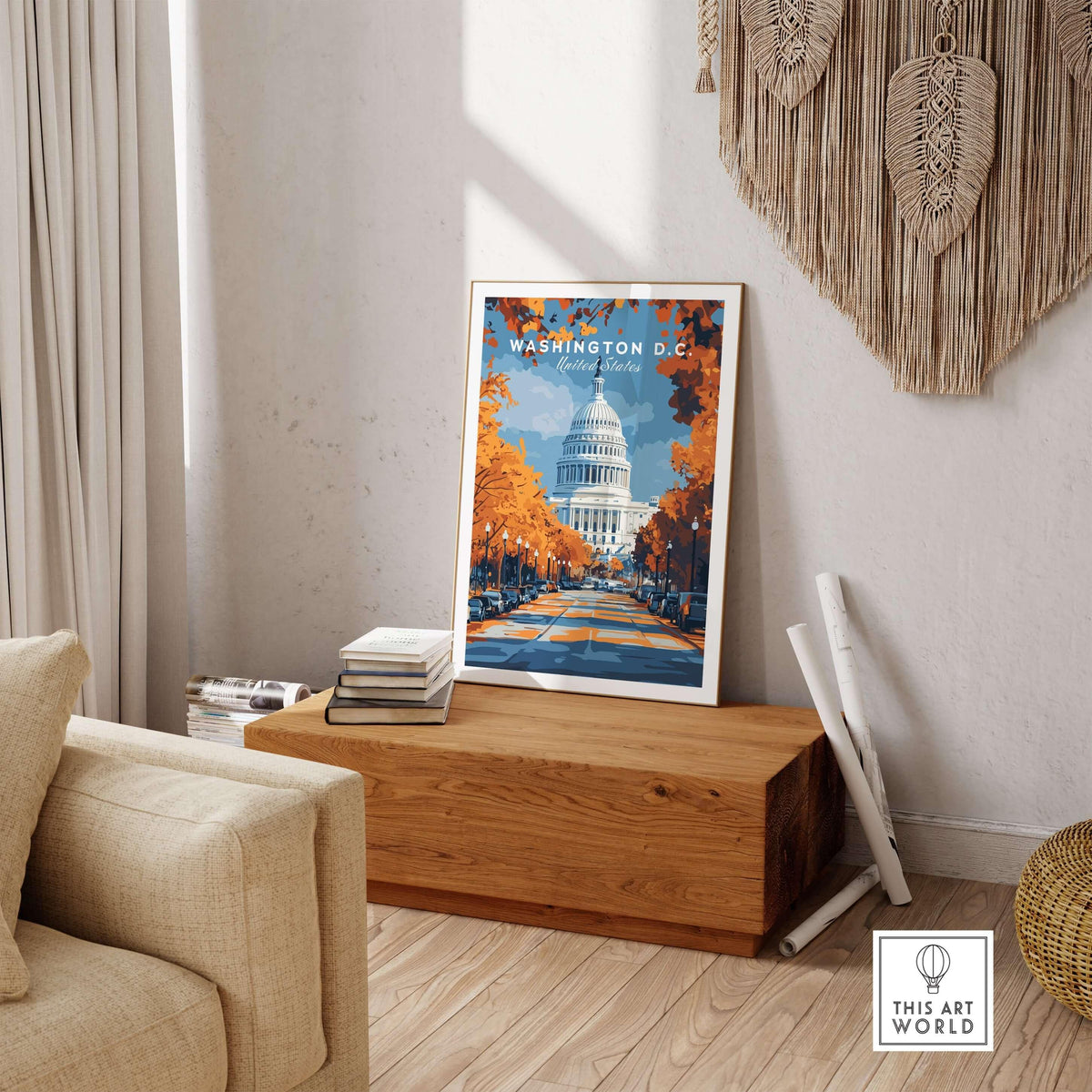 Washington D.C. Autumn Capitol View Print - Wall Art in cozy interior with autumn leaves and Capitol building.