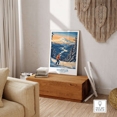 Whistler Ski Print featuring snowy mountains and skier, perfect for ski enthusiasts and home decor.