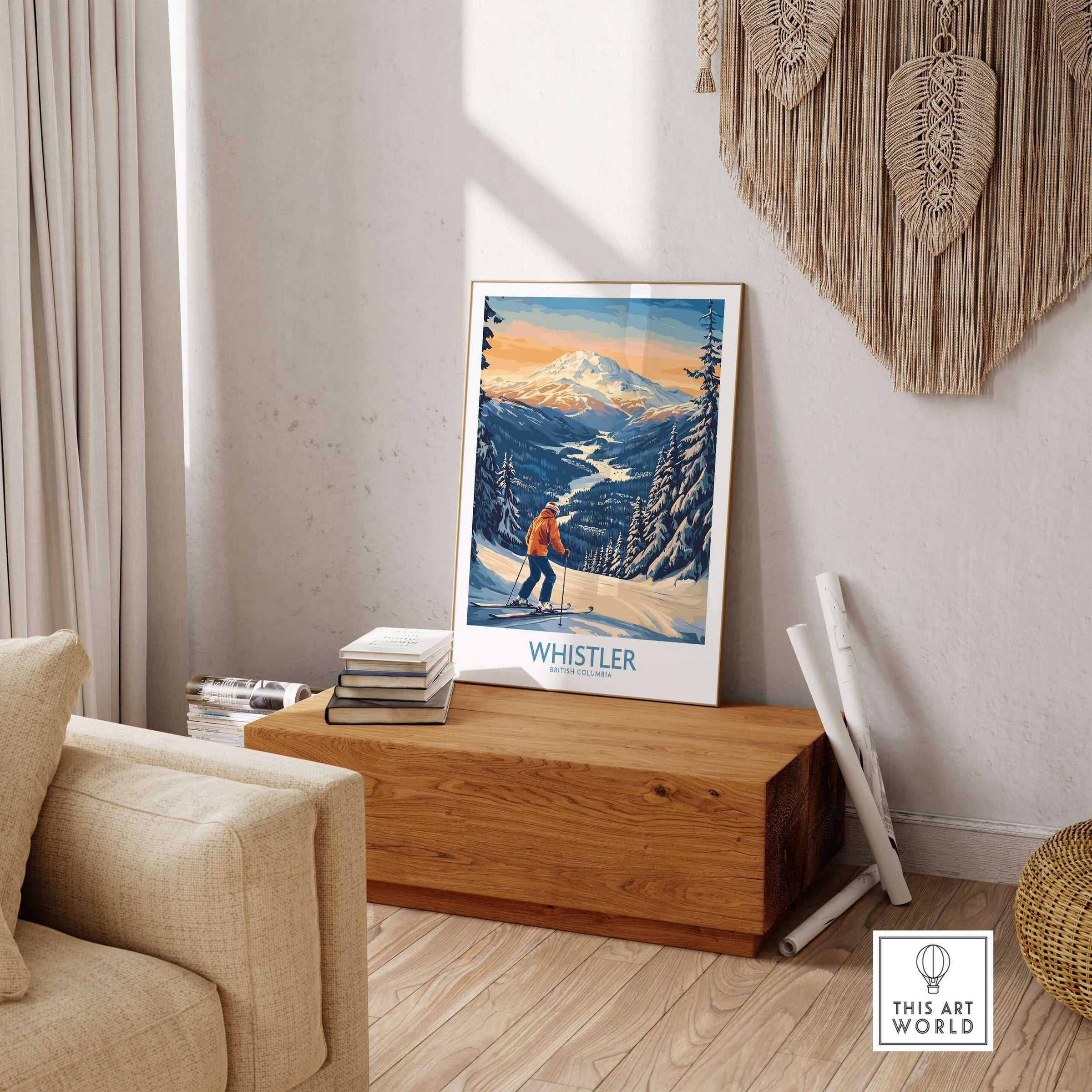 Whistler Ski Print featuring snowy mountains and skier, perfect for ski enthusiasts and home decor.