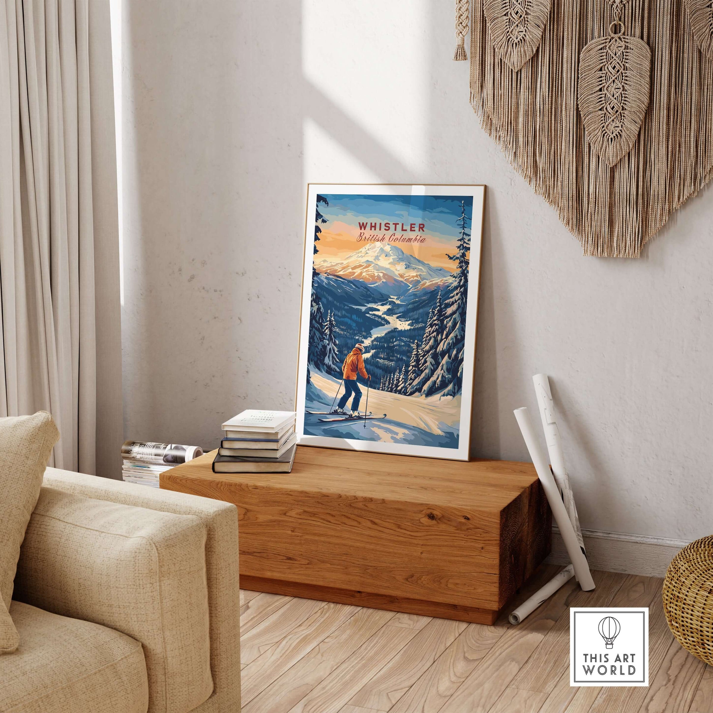 Whistler Travel Poster showcasing British Columbia's stunning ski landscapes in a cozy indoor setting.