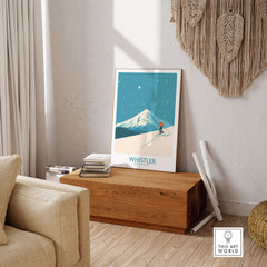 Whistler Wall Art Print featuring a skier on a snowy mountain, adding adventure to home decor with British Columbia's landscape.