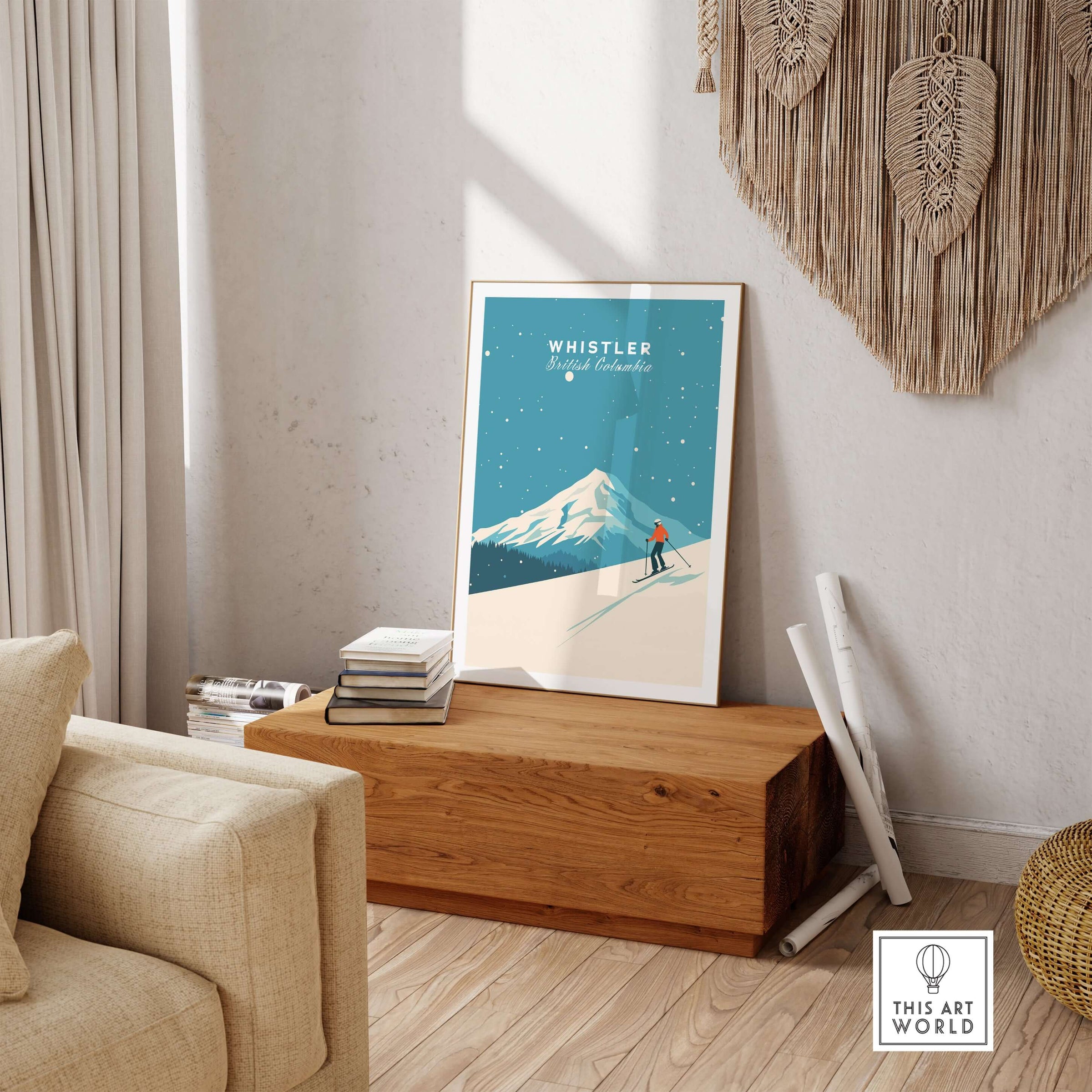Whistler ski poster featuring a skier and snow-capped mountain, perfect for outdoor enthusiasts' decor.