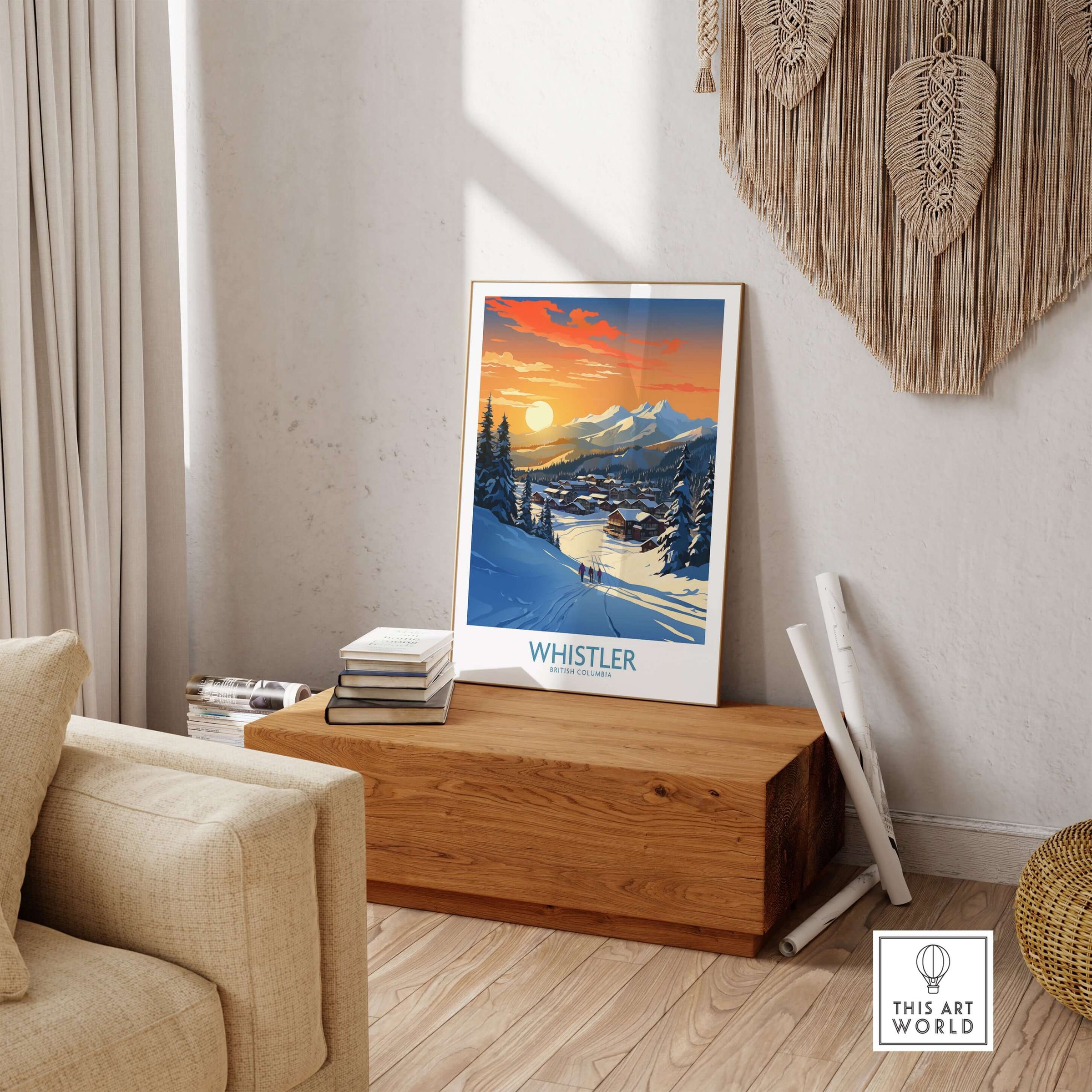 Whistler Wall Art Ski Poster displayed in a cozy living room setting, showcasing a stunning snow landscape.