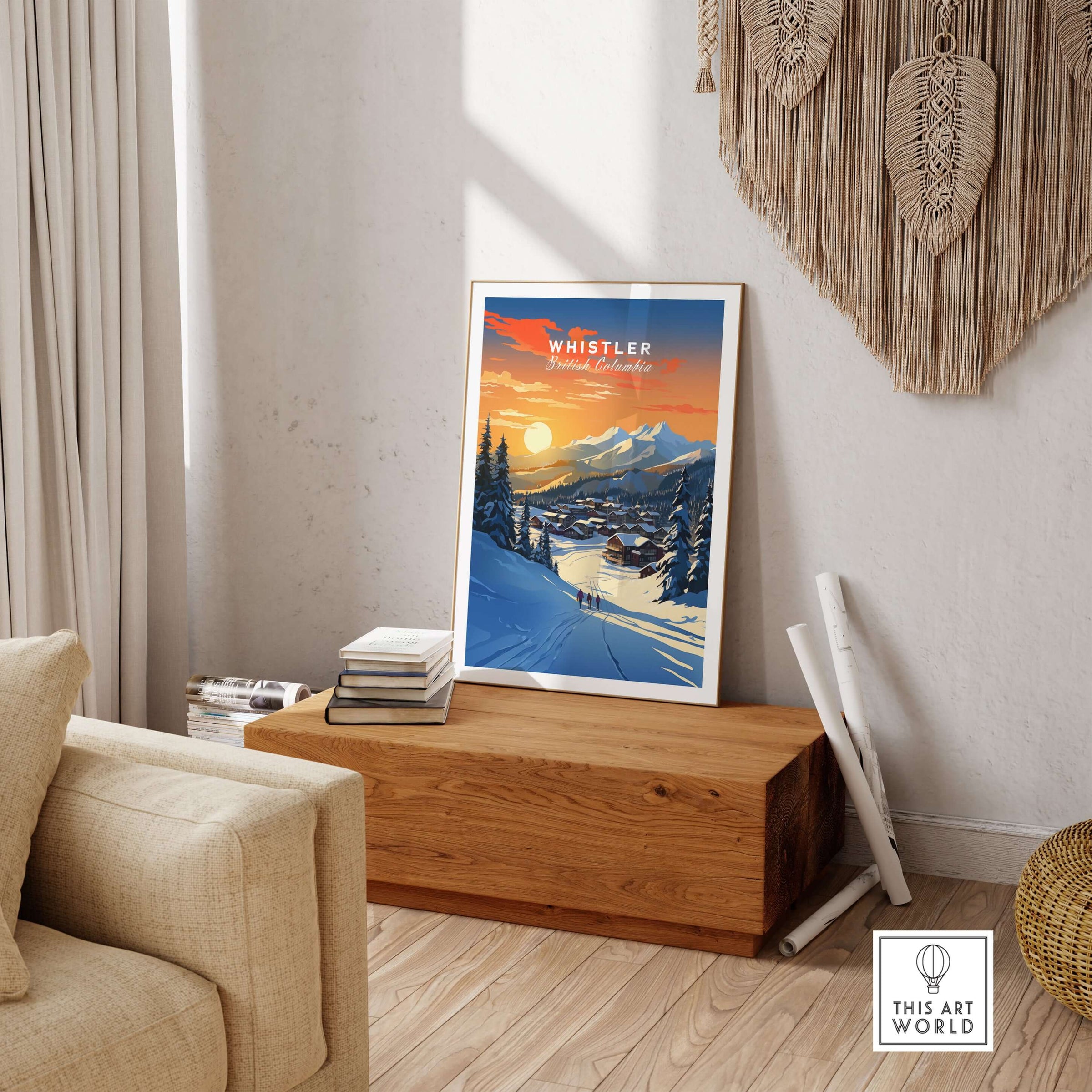 Whistler Wall Art Ski Print featuring a stunning sunset over snow-covered mountains, adding charm to any home decor.