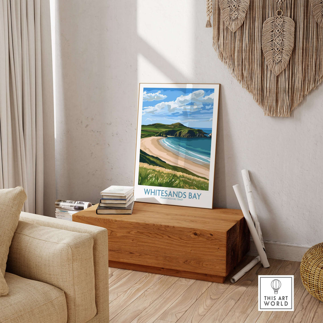 Whitesands Bay St David's Peninsula print showcased on a wooden table in a cozy living space, perfect beach decor.