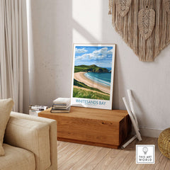 Whitesands Bay St David's Peninsula Print - Wales Travel Decor on display in a cozy living room setting.