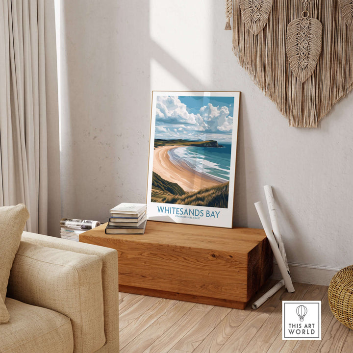 Whitesands Bay Pembrokeshire grassy dunes poster displayed in a cozy living room, showcasing coastal beauty.