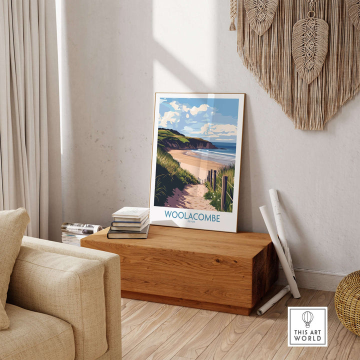 Woolacombe Devon Dunes to Ocean poster in a stylish interior, capturing the serene English seaside decor.