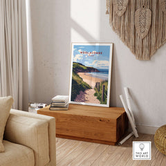 Woolacombe Beach Path Print - Coastal Devon Wall Art displayed in a cozy living room setting.
