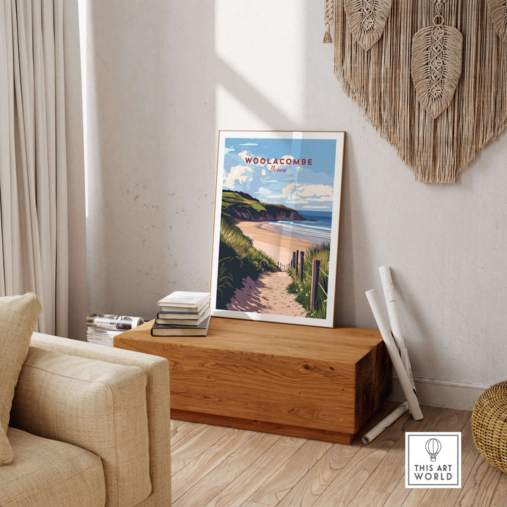 Woolacombe Beach Path Print on wood table, showcasing coastal Devon scenery and serene nature vibes.