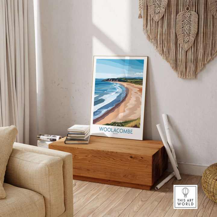 Woolacombe Devon coastal cliffs wall art displayed in a stylish living room setting, enhancing UK travel decor.
