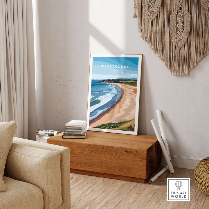 Woolacombe Devon Long Beach print showcasing rolling waves and sunset hues in a cozy interior setting.