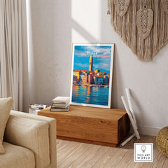 Zadar Poster | Croatian Travel Wall Art displayed in a cozy living room setting with wooden decor.