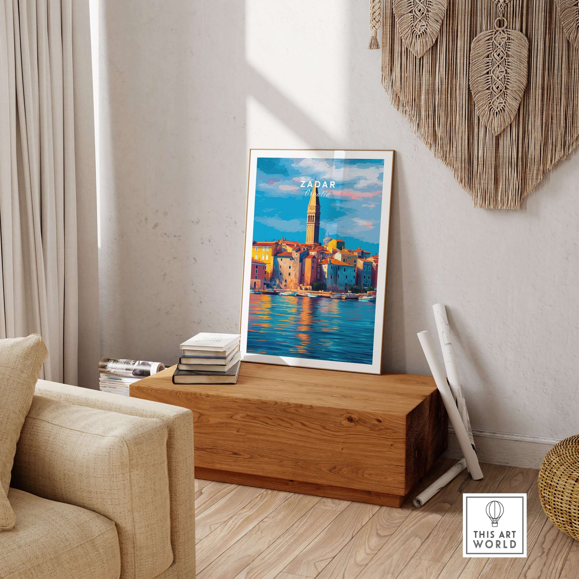 Zadar Poster | Croatian Travel Wall Art displayed in a cozy living room setting with wooden decor.