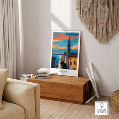 Zadar Croatia Sunset Bell Tower Art Print | Old Town Seascape Poster displayed in a cozy living room setting.