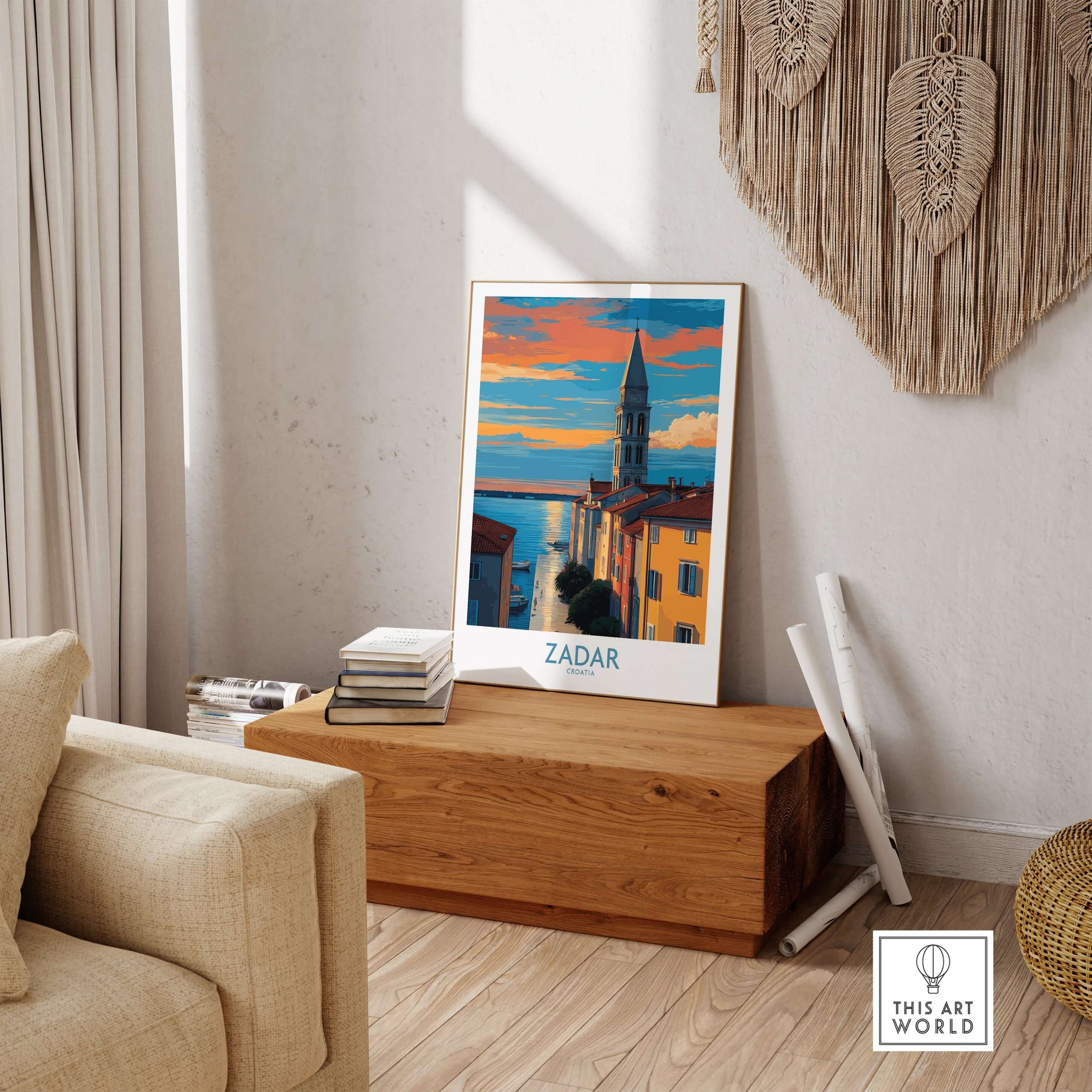 Zadar Croatia Sunset Bell Tower Art Print | Old Town Seascape Poster displayed in a cozy living room setting.