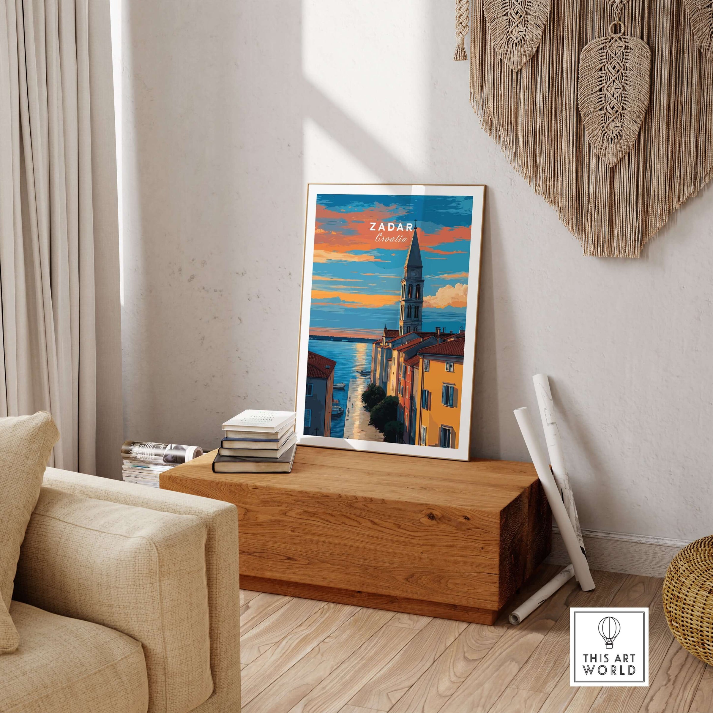 Zadar Poster - Dalmatian Coast Twilight View Print | Croatian Home Decor displayed in a stylish living room setting.