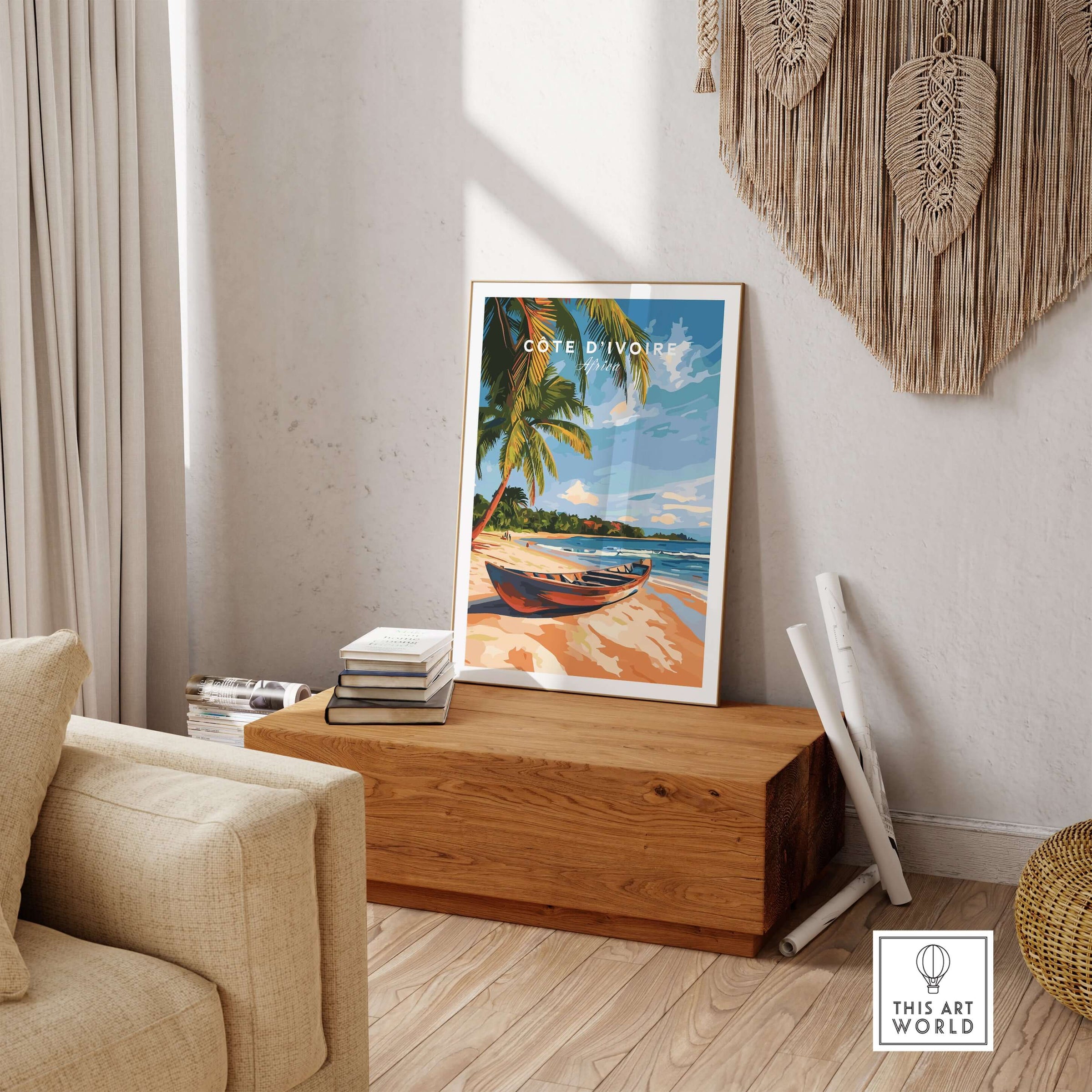 Côte d'Ivoire Beach Wall Art showcasing serene Ivory Coast scenery in a stylish interior setting.
