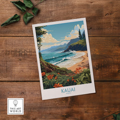 Kauai travel poster depicting lush landscapes and beaches, perfect for travel lovers and Hawaiian art enthusiasts.
