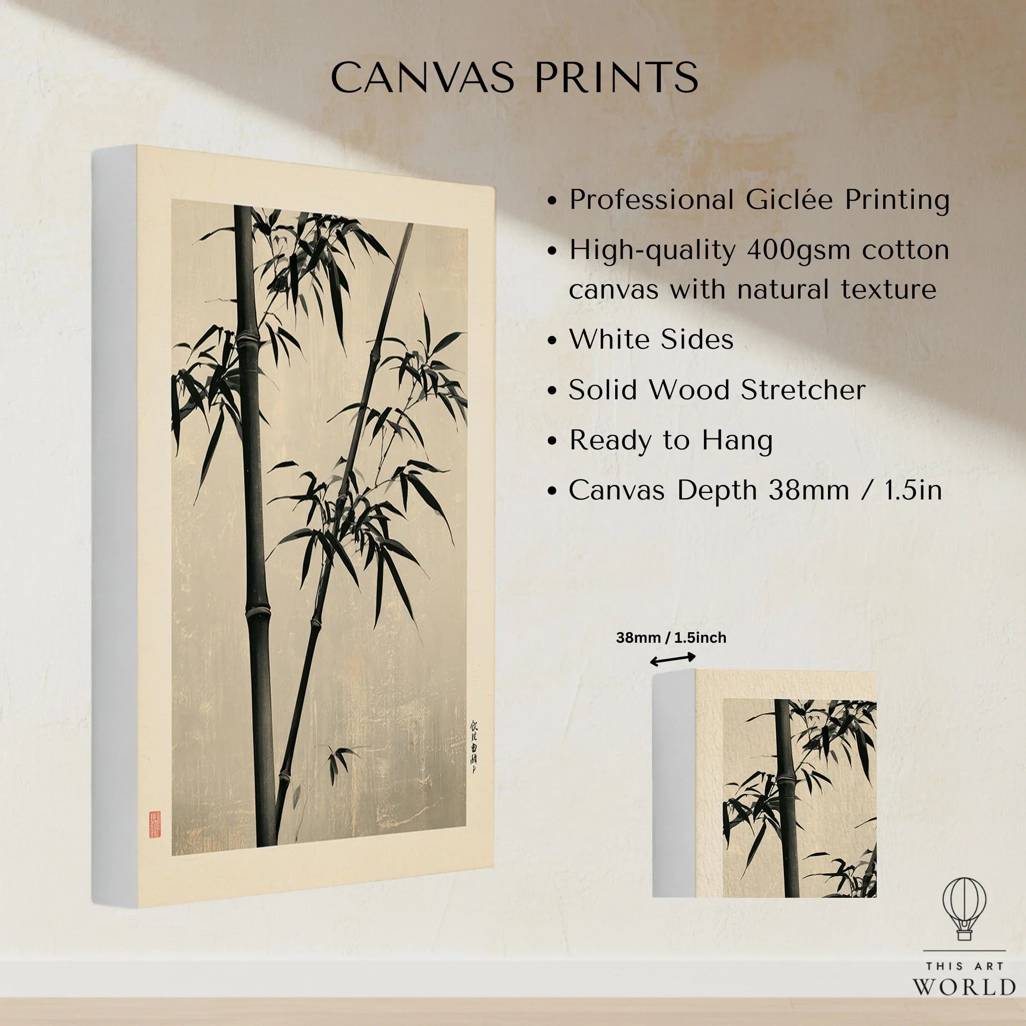 Black Bamboo Art Print – Japanese Ink Wall Art — canvas print stretched cotton canvas details