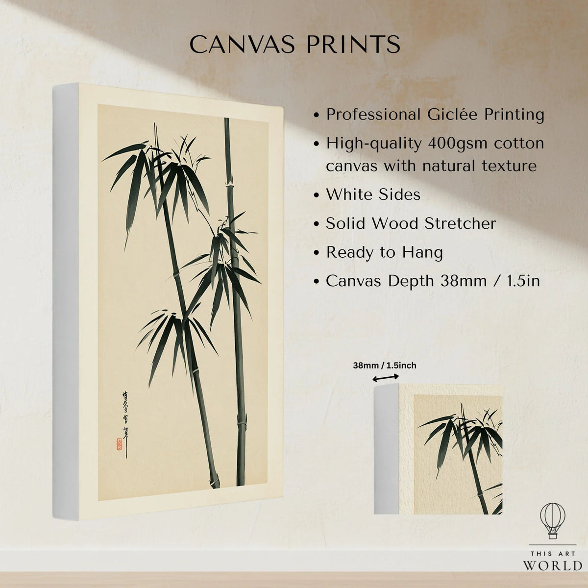 Bamboo Wall Art – Vintage Japanese Ink Print — canvas print stretched cotton canvas details