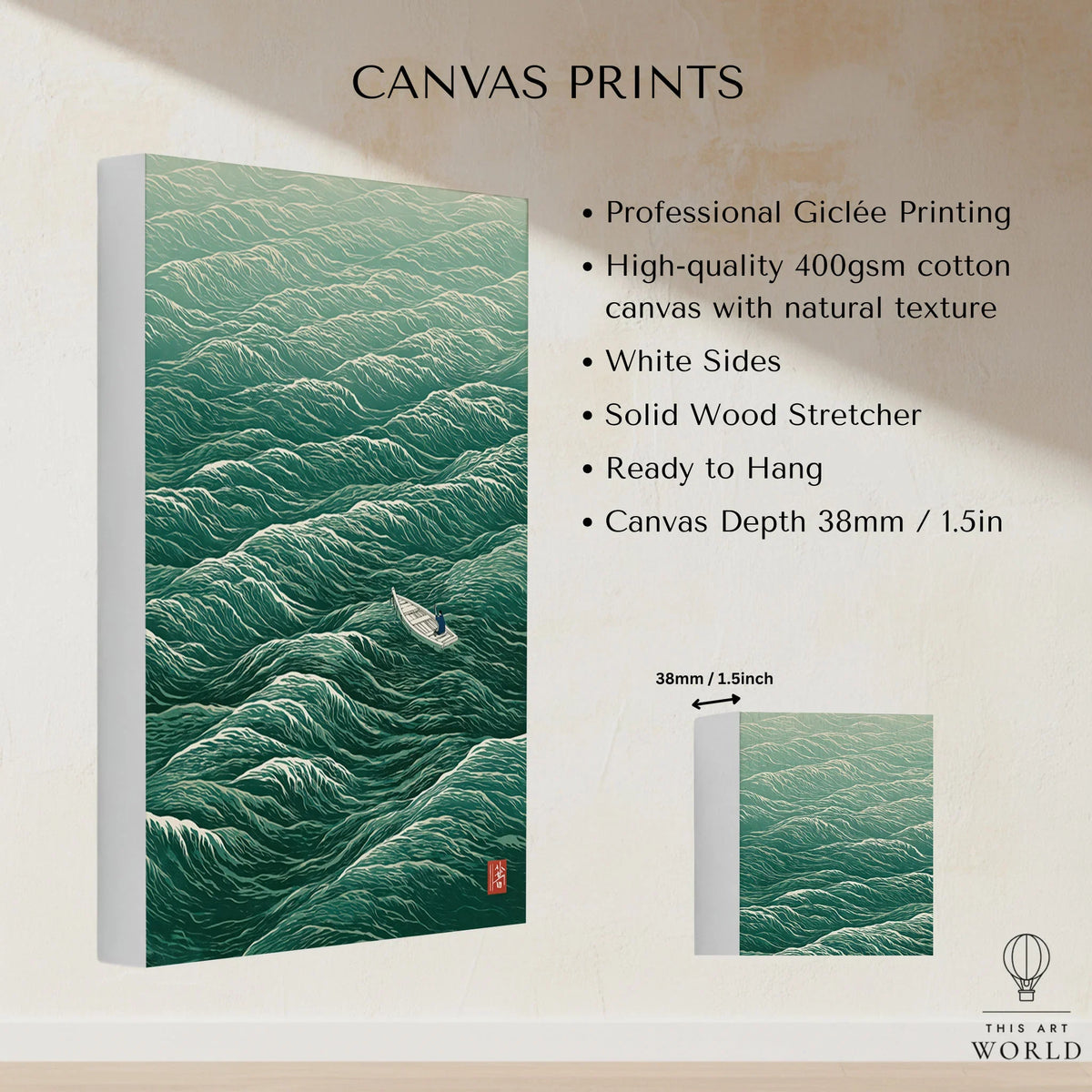 Lone Boat Art Print – Japanese Ocean Wall Art — canvas print stretched cotton canvas details