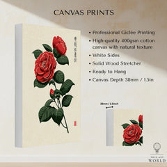 Red Camellia Art Print – Japanese Botanical Wall Art — canvas print stretched cotton canvas details