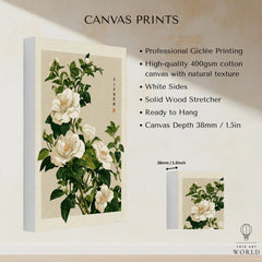White Camellia Art Print – Vintage Japanese Botanical Wall Art — canvas print stretched cotton canvas details