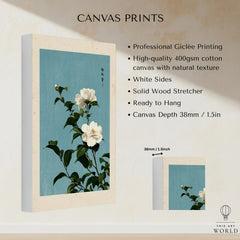 Camellia Wall Art – Blue Japanese Botanical Print — canvas print stretched cotton canvas details