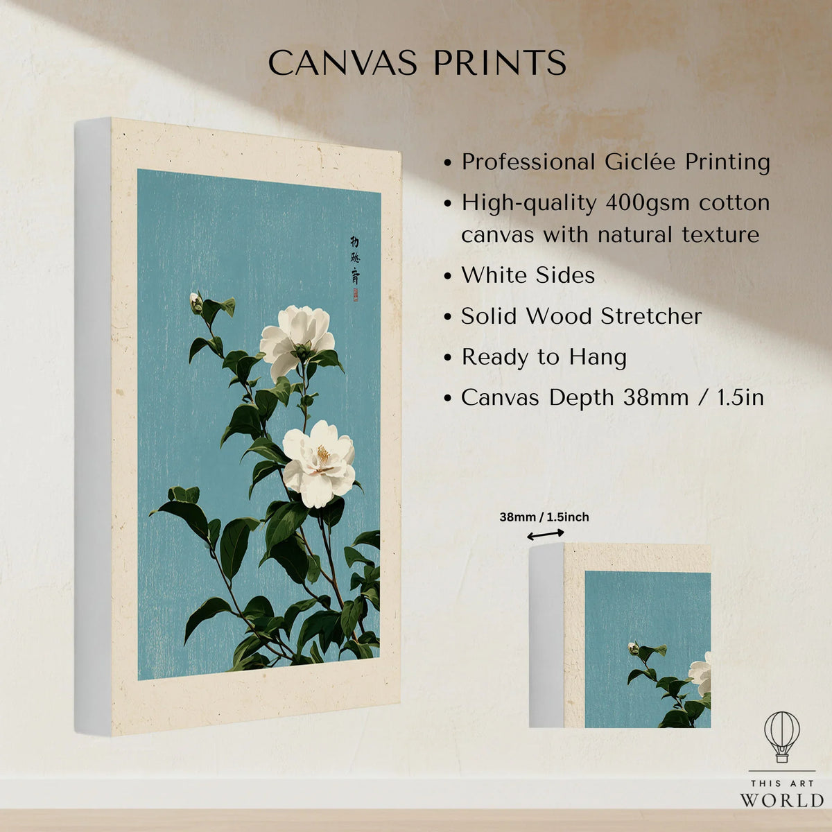 Camellia Wall Art – Blue Japanese Botanical Print — canvas print stretched cotton canvas details