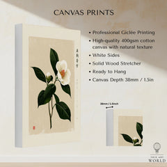 White Camellia Wall Art – Minimalist Japanese Botanical Print — canvas print stretched cotton canvas details
