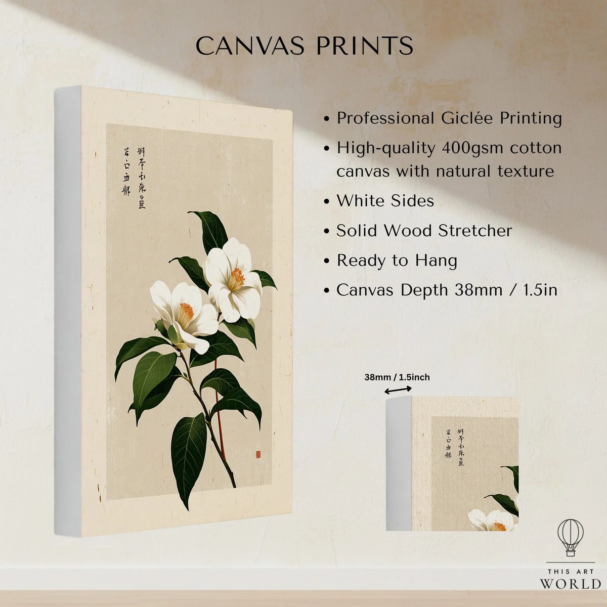 Camellia Art Print – Vintage Japanese Flower Wall Art — canvas print stretched cotton canvas details