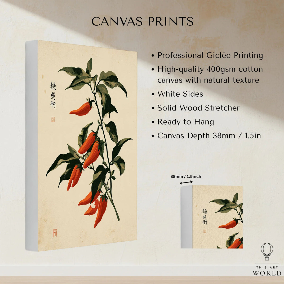 Red Chilli Art Print – Japanese Botanical Kitchen Wall Art — canvas print stretched cotton canvas details