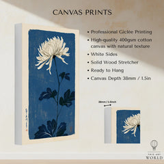 Chrysanthemum Art Print – Blue Japanese Botanical Wall Art — canvas print stretched cotton canvas details