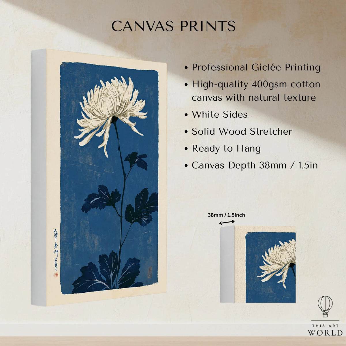 Chrysanthemum Art Print – Blue Japanese Botanical Wall Art — canvas print stretched cotton canvas details