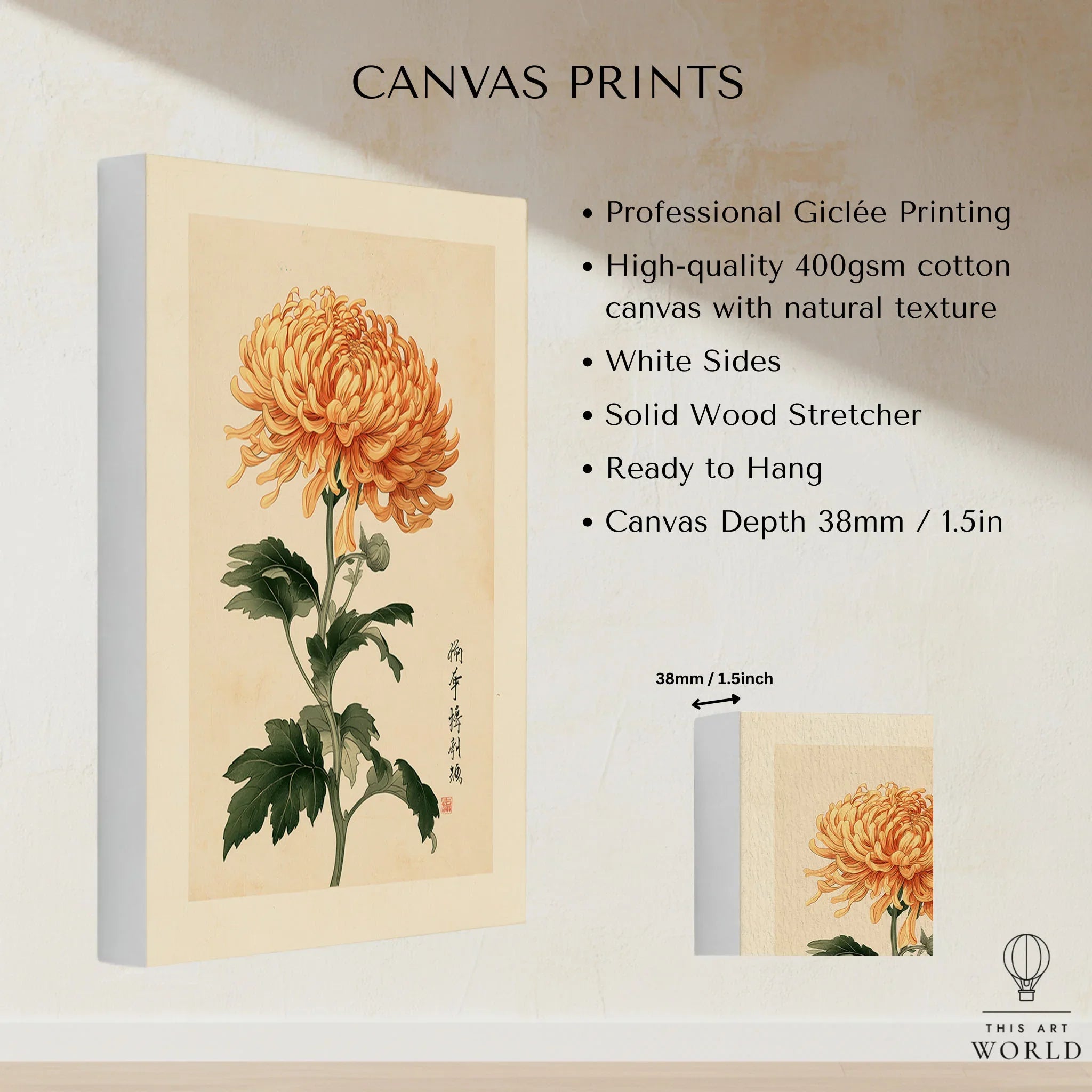 Orange Chrysanthemum Art Print – Vintage Japanese Wall Art — canvas print stretched cotton canvas details