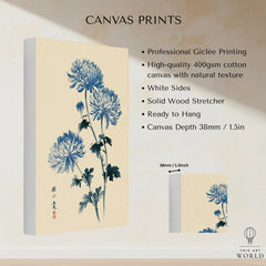Blue Chrysanthemum Art Print – Japanese Botanical Wall Art — canvas print stretched cotton canvas details