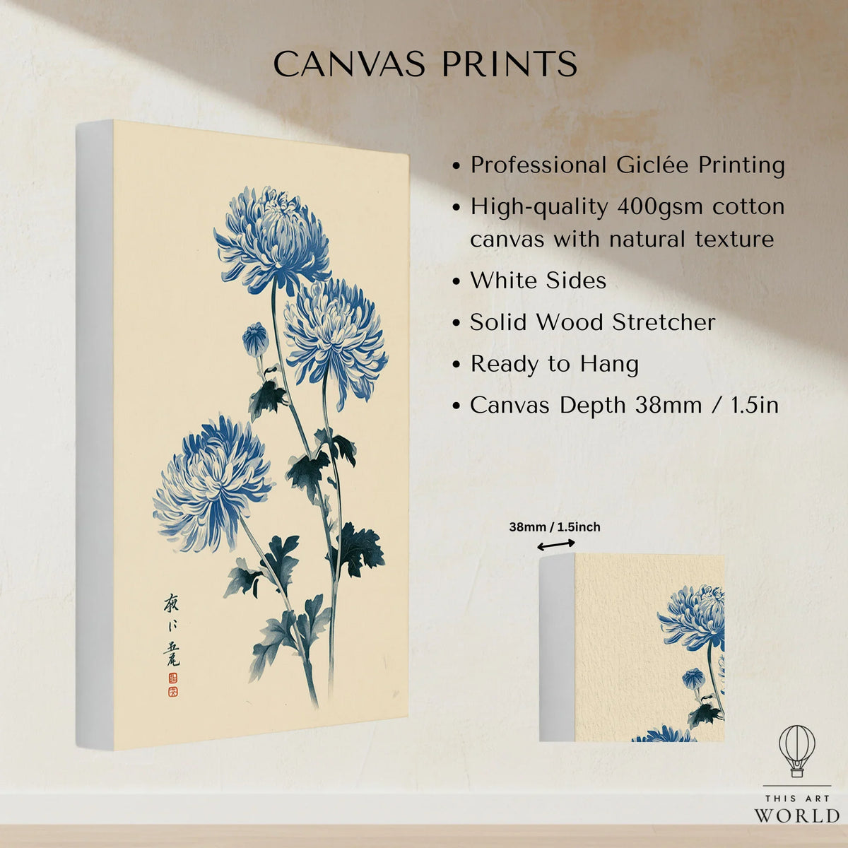 Blue Chrysanthemum Art Print – Japanese Botanical Wall Art — canvas print stretched cotton canvas details