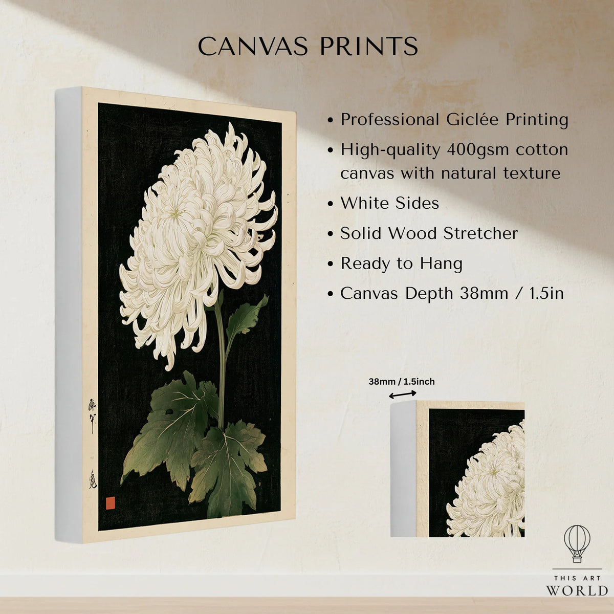 White Chrysanthemum Wall Art – Black Japanese Botanical Print — canvas print stretched cotton canvas details