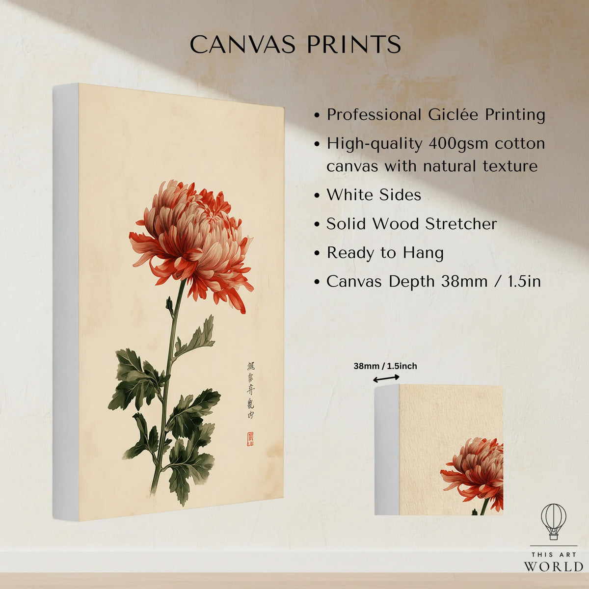 Red Chrysanthemum Art Print – Vintage Japanese Flower Wall Art — canvas print stretched cotton canvas details