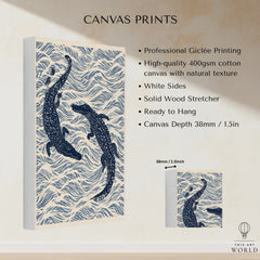 Crocodile Art Print – Blue Japanese Woodblock Wall Art — canvas print stretched cotton canvas details