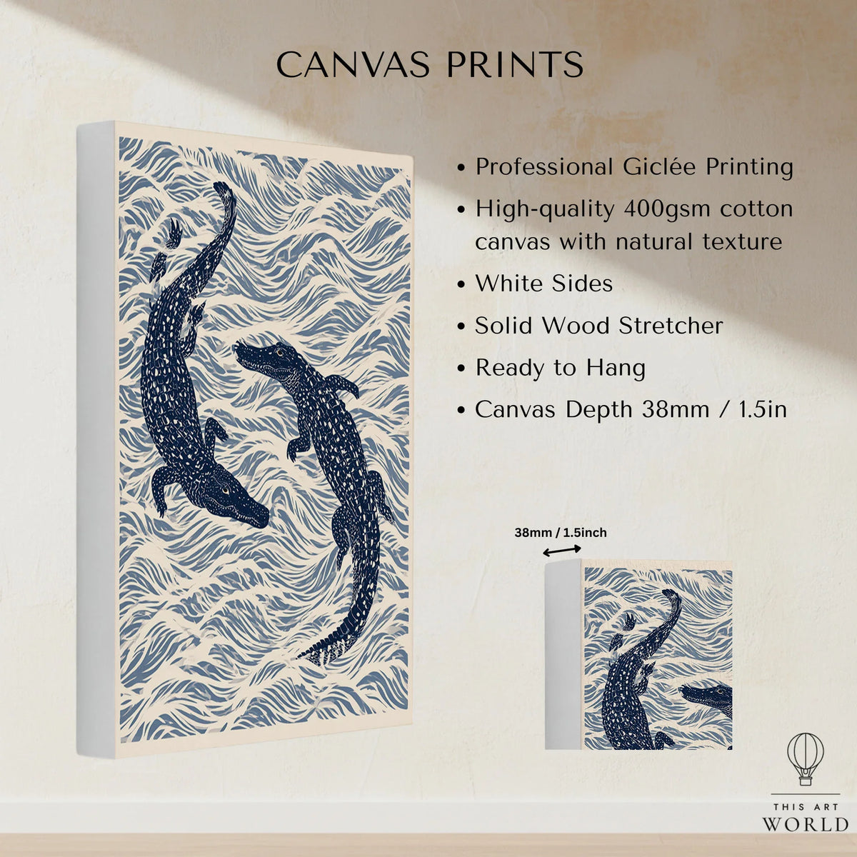 Crocodile Art Print – Blue Japanese Woodblock Wall Art — canvas print stretched cotton canvas details