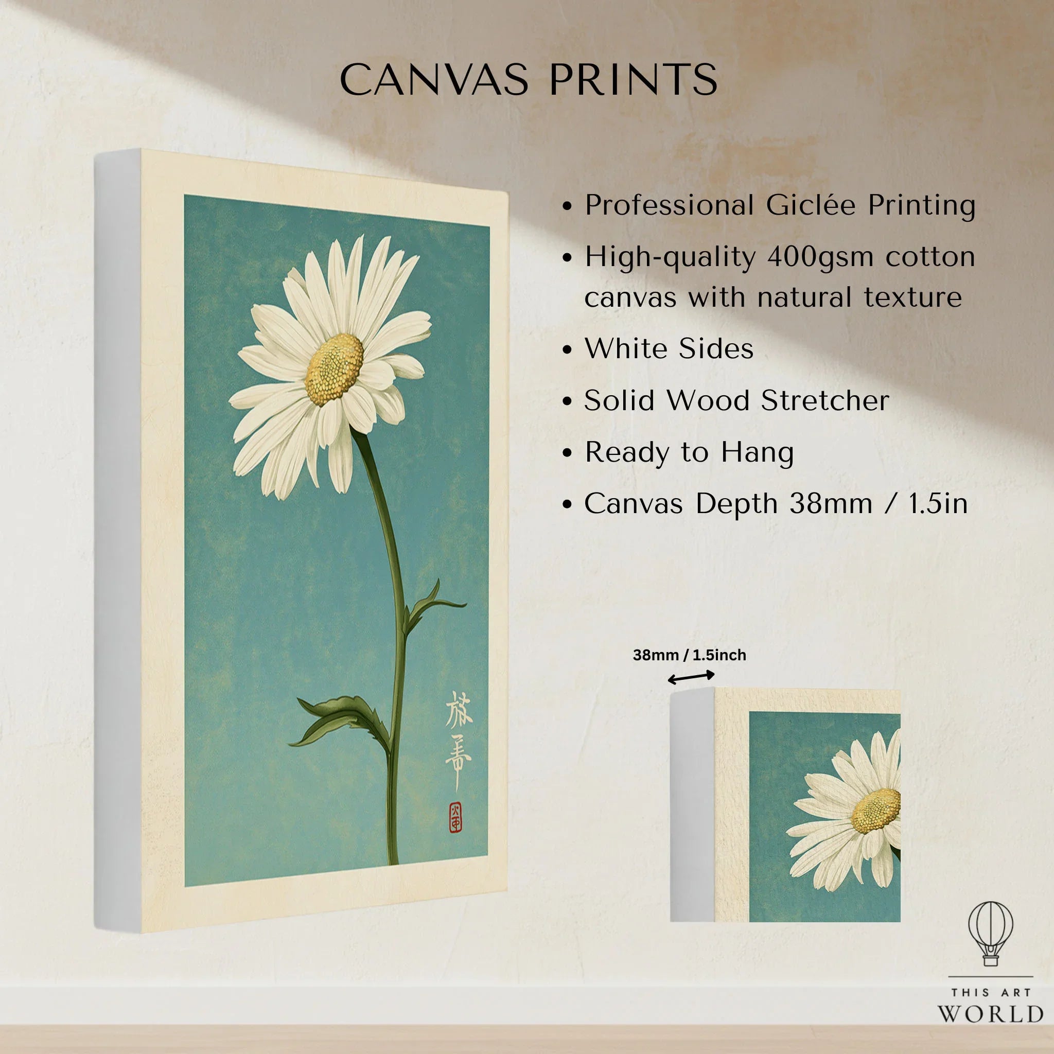 Daisy Art Print – Blue Japanese Botanical Wall Art — canvas print stretched cotton canvas details
