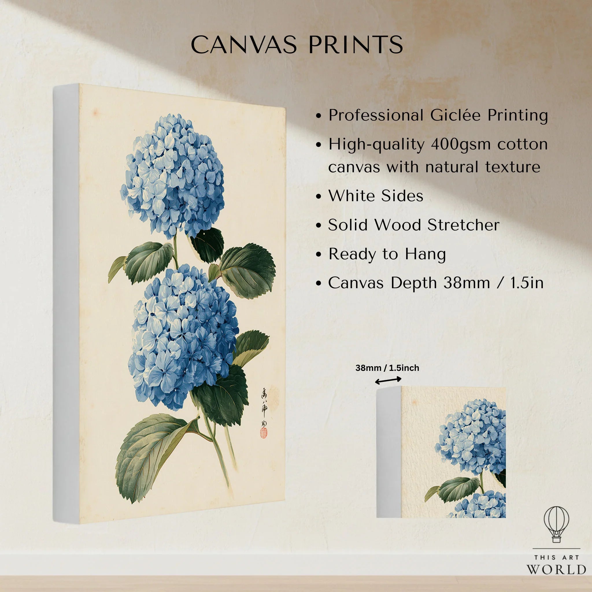 Blue Hydrangea Art Print – Japanese Botanical Wall Art — canvas print stretched cotton canvas details