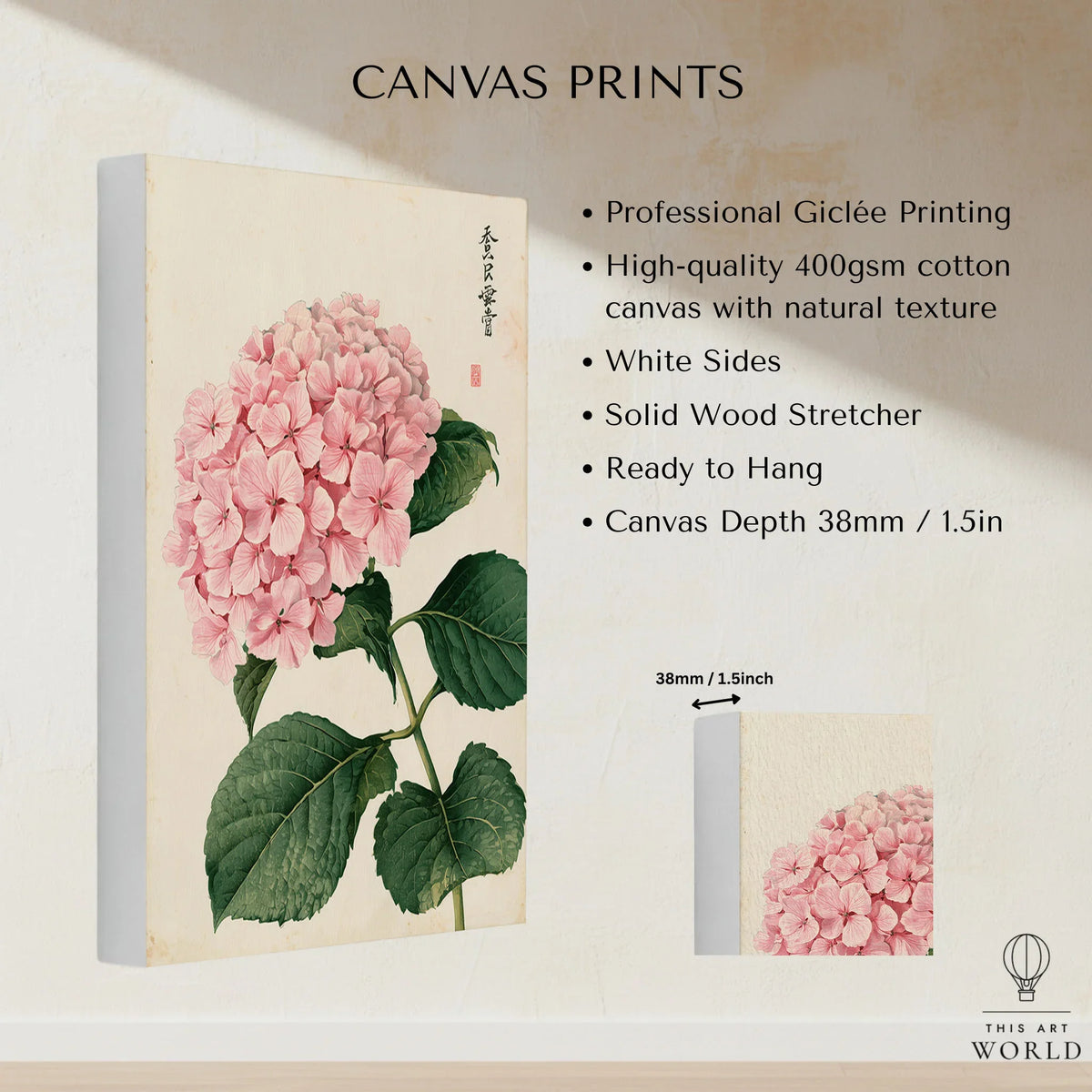 Pink Hydrangea Art Print – Vintage Japanese Botanical Wall Art — canvas print stretched cotton canvas details